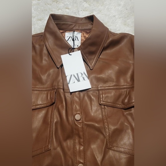 Zara Women’s Brown Faux Leather Women's Shacket Size Large Snap Front NWT - Picture 7 of 10